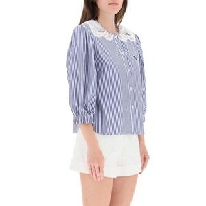 Self-Portrait Top Blouse Lace Trimmed Embroidered Stripes Blue White 10 NWT